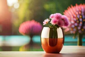 a vase with pink flowers sitting on a table. AI-Generated photo