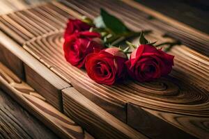 red roses on a wooden casket. AI-Generated photo