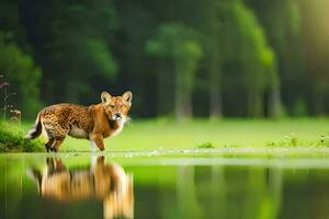 a fox standing in the water near a green field. AI-Generated photo