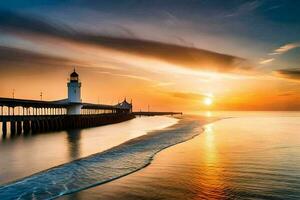 the sun sets over a pier and lighthouse. AI-Generated photo