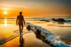 un hombre en un traje camina en el playa a puesta de sol. generado por ai foto