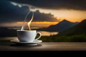 a cup of coffee on a wooden table with a view of the sunset. AI-Generated photo