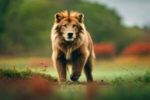 un león caminando en el césped. generado por ai foto