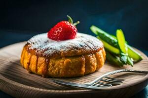 a pastry with a strawberry on top and asparagus. AI-Generated photo