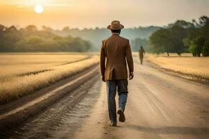 un hombre en un traje camina abajo un suciedad la carretera. generado por ai foto