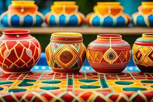 colorful pottery on display at a market. AI-Generated photo