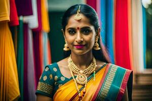 a woman in a colorful sari standing in front of a curtain. AI-Generated photo