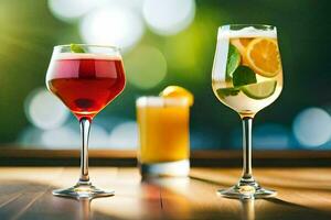 two glasses of different drinks on a table. AI-Generated photo
