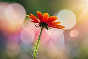 a single orange flower is in the foreground of a blurred background. AI-Generated photo