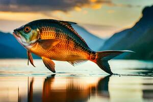 un pescado es saltando fuera de el agua a puesta de sol. generado por ai foto