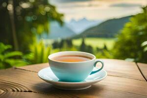 a cup of tea on a table in the mountains. AI-Generated photo