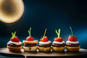 small desserts with strawberries and chocolate on a wooden tray. AI-Generated photo