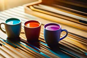 three colorful cups of coffee sit on a wooden table. AI-Generated photo