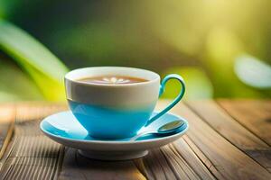 a cup of tea on a wooden table. AI-Generated photo