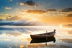 a boat is floating in the calm water at sunset. AI-Generated photo