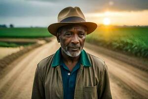 un hombre en un sombrero soportes en un campo. generado por ai foto