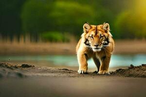 a tiger walking across the sand in front of a lake. AI-Generated photo