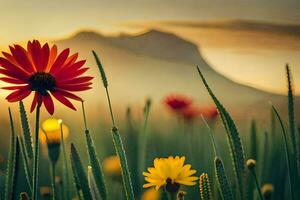 flores en el campo a puesta de sol con montañas en el antecedentes. generado por ai foto