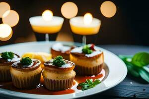 un plato con magdalenas y velas en él. generado por ai foto