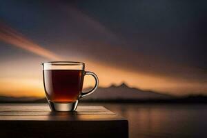 un taza de té en un de madera mesa con un puesta de sol en el antecedentes. generado por ai foto