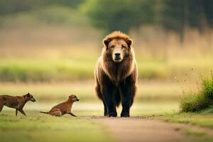 un león y dos perros caminando en el bosque. generado por ai foto