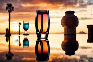 two glasses are sitting on a table with a sunset in the background. AI-Generated photo