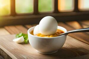 a bowl of eggs with a spoon on top. AI-Generated photo