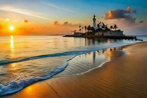 el faro a puesta de sol en el playa. generado por ai foto