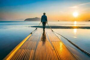 man walking on a wooden dock at sunset. AI-Generated photo