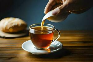 a person pours tea into a cup. AI-Generated photo