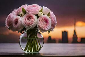 pink roses in a vase on a table with a city in the background. AI-Generated photo