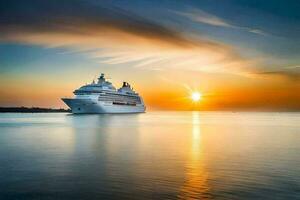 un crucero Embarcacion en el Oceano a puesta de sol. generado por ai foto