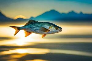 pescado en el agua a puesta de sol. generado por ai foto