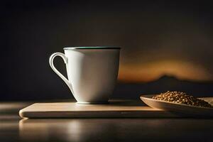 un taza de café y un cuenco de cereal en un de madera mesa. generado por ai foto