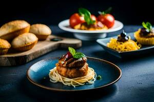 a plate of food with spaghetti and meat on it. AI-Generated photo