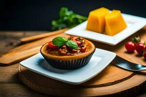 un pequeño magdalena con queso y Tomates en un lámina. generado por ai foto