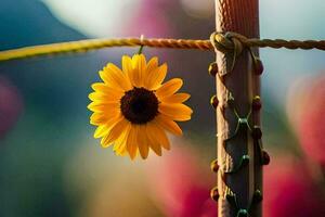 a sunflower is hanging on a fence. AI-Generated photo