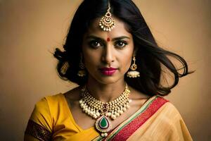 a beautiful indian woman wearing jewelry and a sari. AI-Generated photo