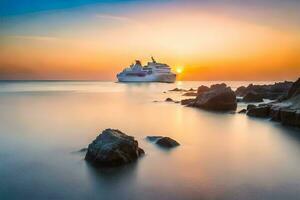 un crucero Embarcacion en el Oceano a puesta de sol. generado por ai foto