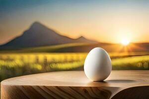 an egg on a table in front of a field. AI-Generated photo