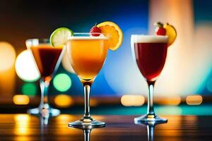 three different types of alcoholic drinks on a bar. AI-Generated photo