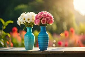 two blue vases with flowers on a wooden table. AI-Generated photo