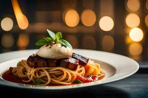 a plate of spaghetti with meat and sauce. AI-Generated photo