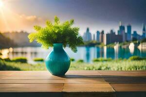 a vase with green plants on a table in front of a city. AI-Generated photo
