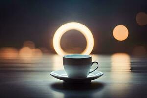 a cup of coffee on a table with a ring of light. AI-Generated photo