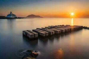 a boat is docked at the end of a pier at sunset. AI-Generated photo