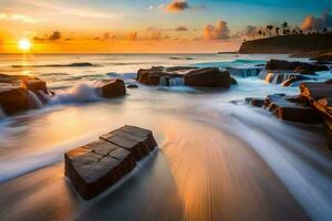 un hermosa puesta de sol terminado el Oceano con rocas y agua. generado por ai foto