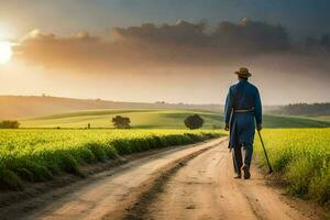 un hombre en un azul traje camina abajo un suciedad la carretera. generado por ai foto