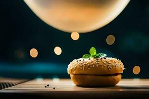 a hamburger on a wooden table with lights in the background. AI-Generated photo