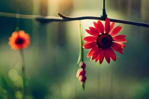 red flower on a branch with sun shining. AI-Generated photo